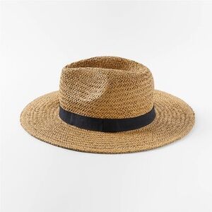 Zara Straw Panama Fedora Woven Hat with Contrasting Band Natural Black Strap med